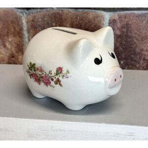 Vintage‎ Mini Cute Ceramic Piggy Bank White w Pink Roses Floral Shabby Chic